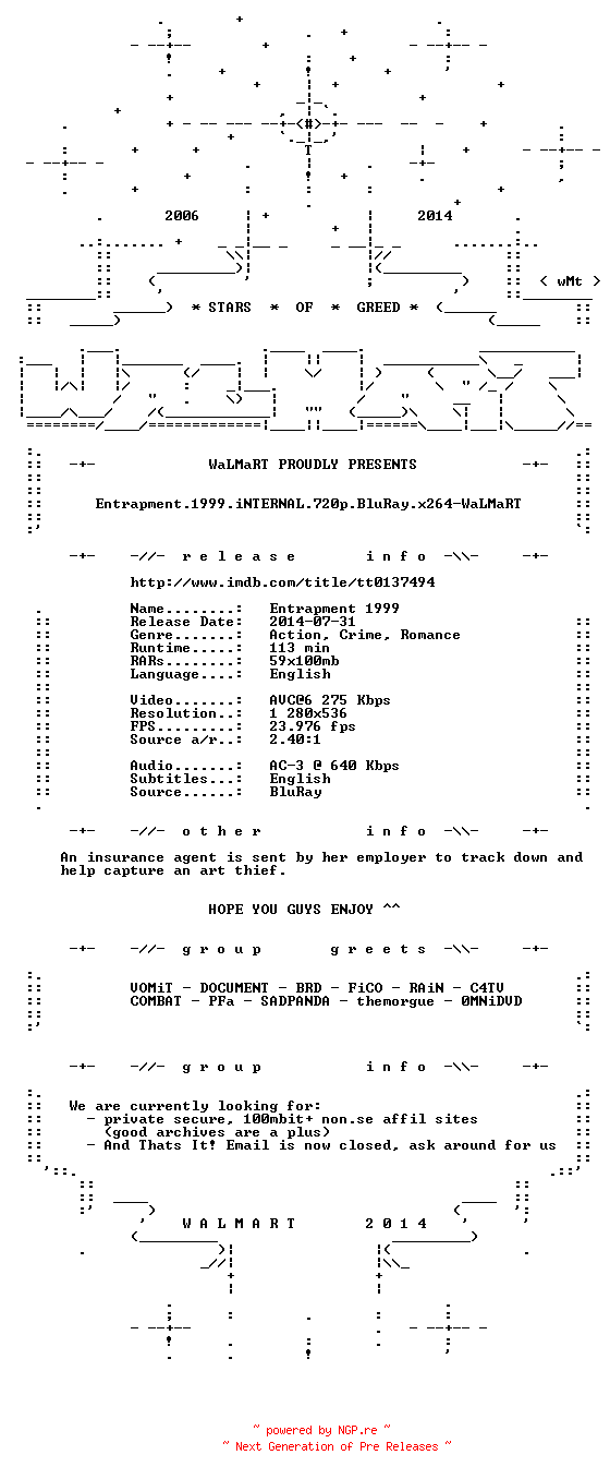 NFO for the release Entrapment.1999.iNTERNAL.720p.BluRay.x264-WaLMaRT by WaLMaRT