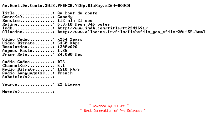 NFO for the release Au.Bout.Du.Conte.2013.FRENCH.720p.BluRay.x264-ROUGH by ROUGH