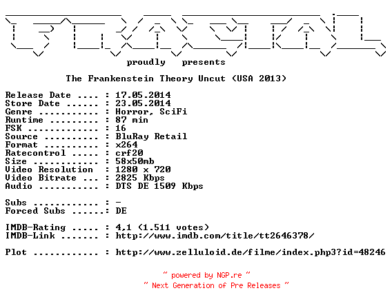 NFO for the release The.Frankenstein.Theory.Uncut.2013.German.720p.BluRay.x264-FRACTAL by FRACTAL
