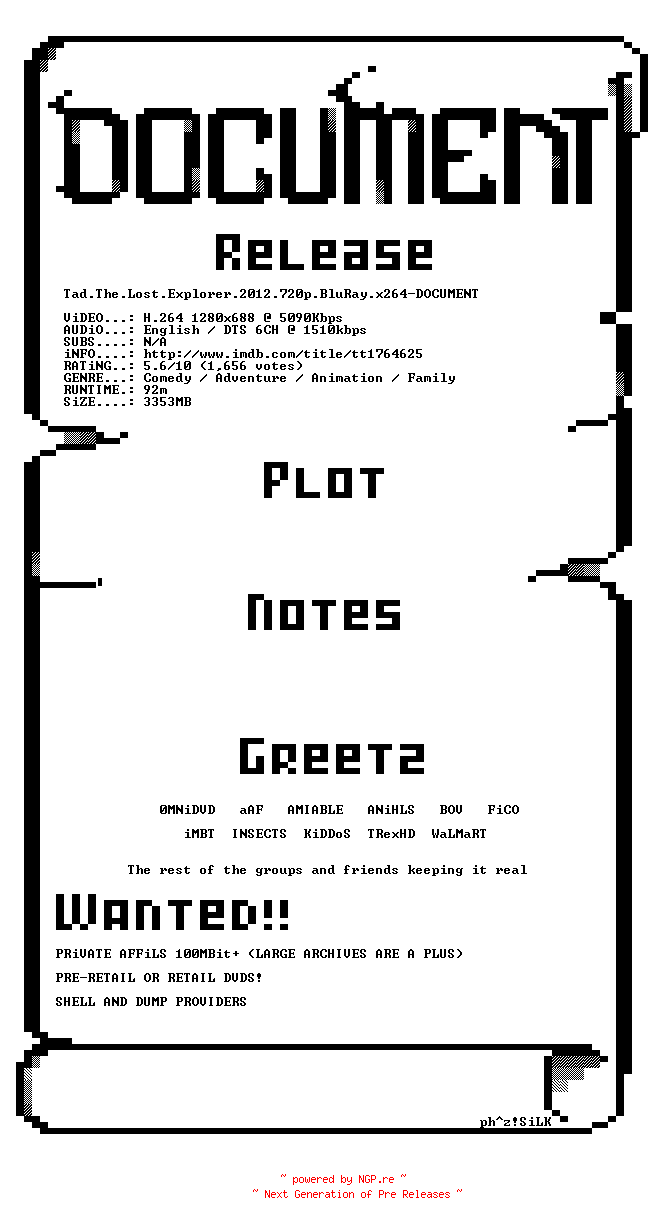 NFO for the release Tad.The.Lost.Explorer.2012.720p.BluRay.x264-DOCUMENT by DOCUMENT