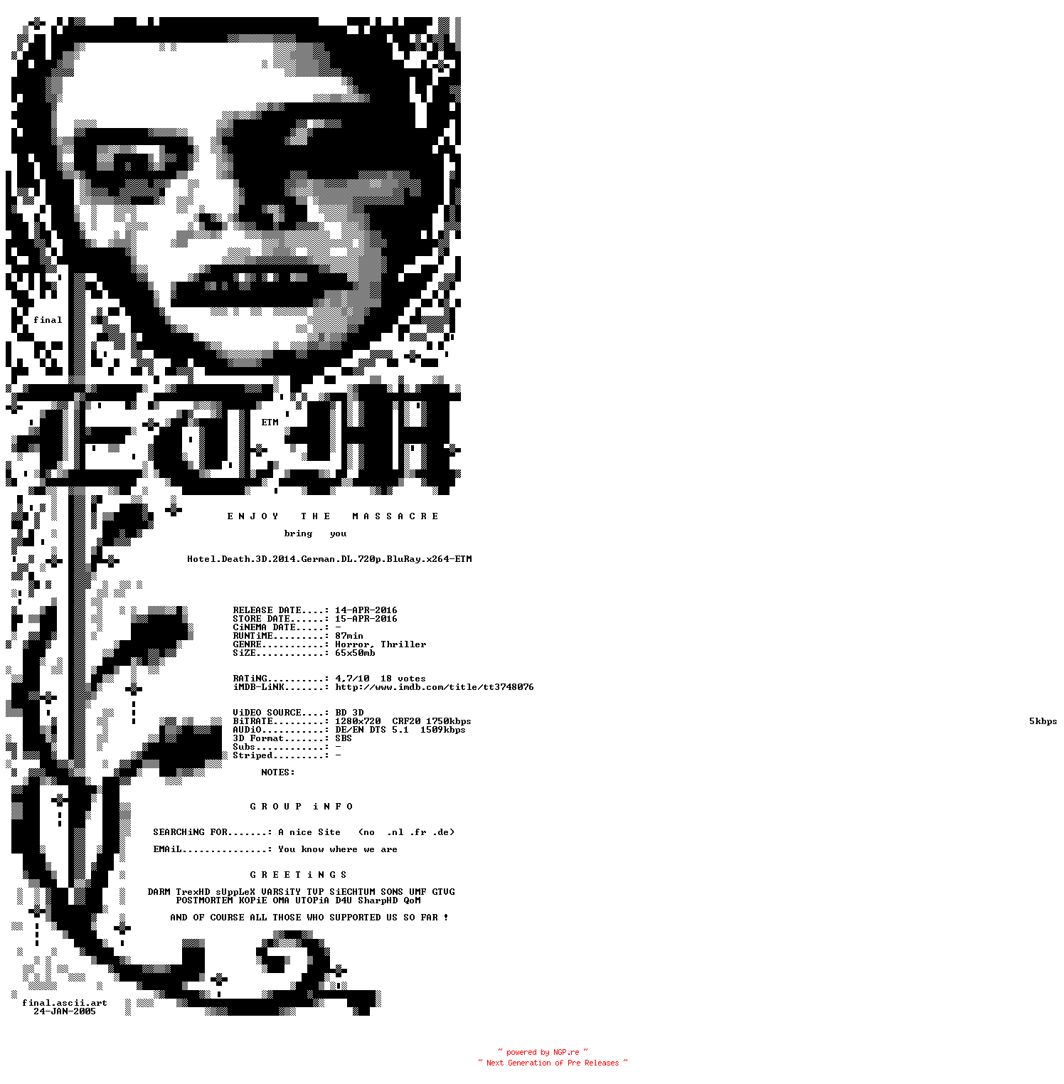 NFO for the release Hotel.Death.3D.2014.German.DL.720p.BluRay.x264-ETM by ETM