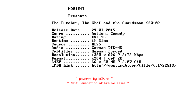 NFO for the release The.Butcher.The.Chef.and.the.Swordsman.2010.German.720p.BluRay.x264-MOViEiT by MOViEiT