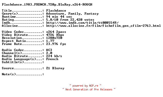 NFO for the release Flashdance.1983.FRENCH.720p.BluRay.x264-ROUGH by ROUGH