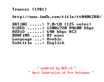 NFO for the release Trances.1981.720p.BluRay.x264-MELiTE by MELiTE