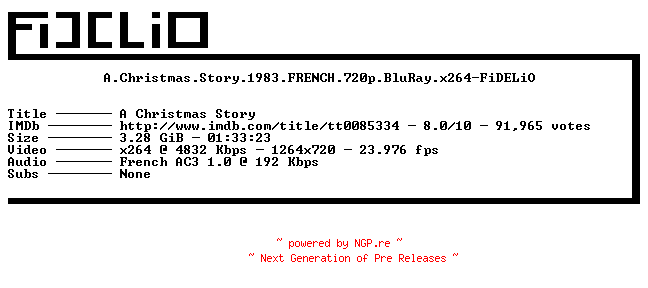 NFO for the release A.Christmas.Story.1983.FRENCH.720p.BluRay.x264-FiDELiO by FiDELiO