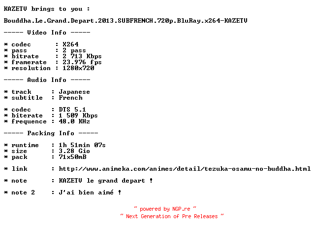 NFO for the release Bouddha.Le.Grand.Depart.2013.SUBFRENCH.720p.BluRay.x264-KAZETV by KAZETV
