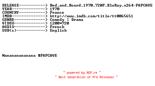 NFO for the release Bed.and.Board.1970.720P.BluRay.x264-FAPCAVE by FAPCAVE