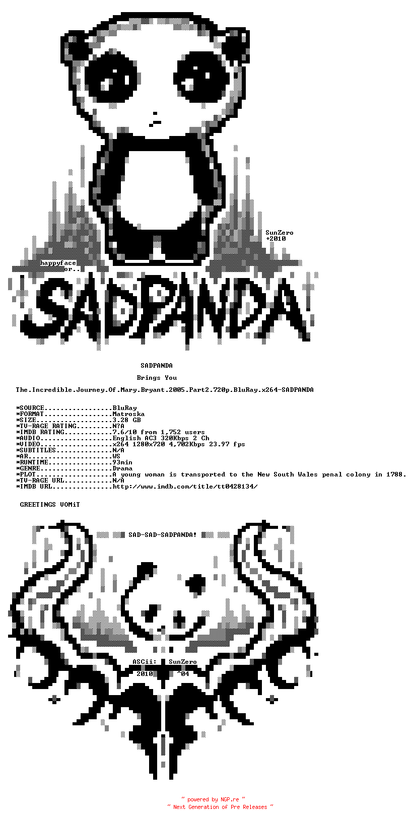 NFO for the release The.Incredible.Journey.Of.Mary.Bryant.2005.Part2.720p.BluRay.x264-SADPANDA by SADPANDA