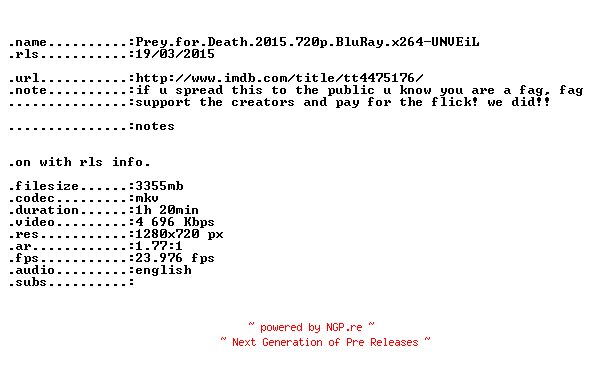 NFO for the release Prey.for.Death.2015.720p.BluRay.x264-UNVEiL by UNVEiL