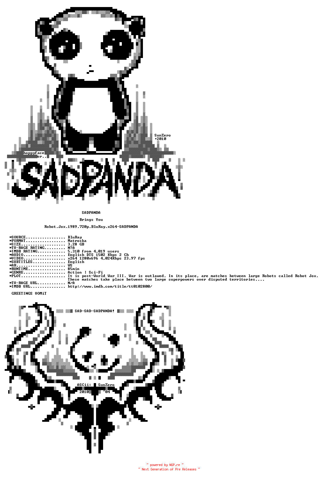 NFO for the release Robot.Jox.1989.720p.BluRay.x264-SADPANDA by SADPANDA