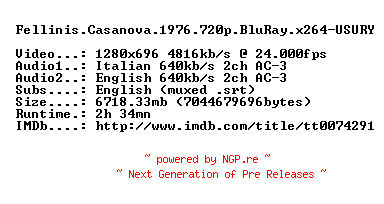 NFO for the release Fellinis.Casanova.1976.720p.BluRay.x264-USURY by USURY