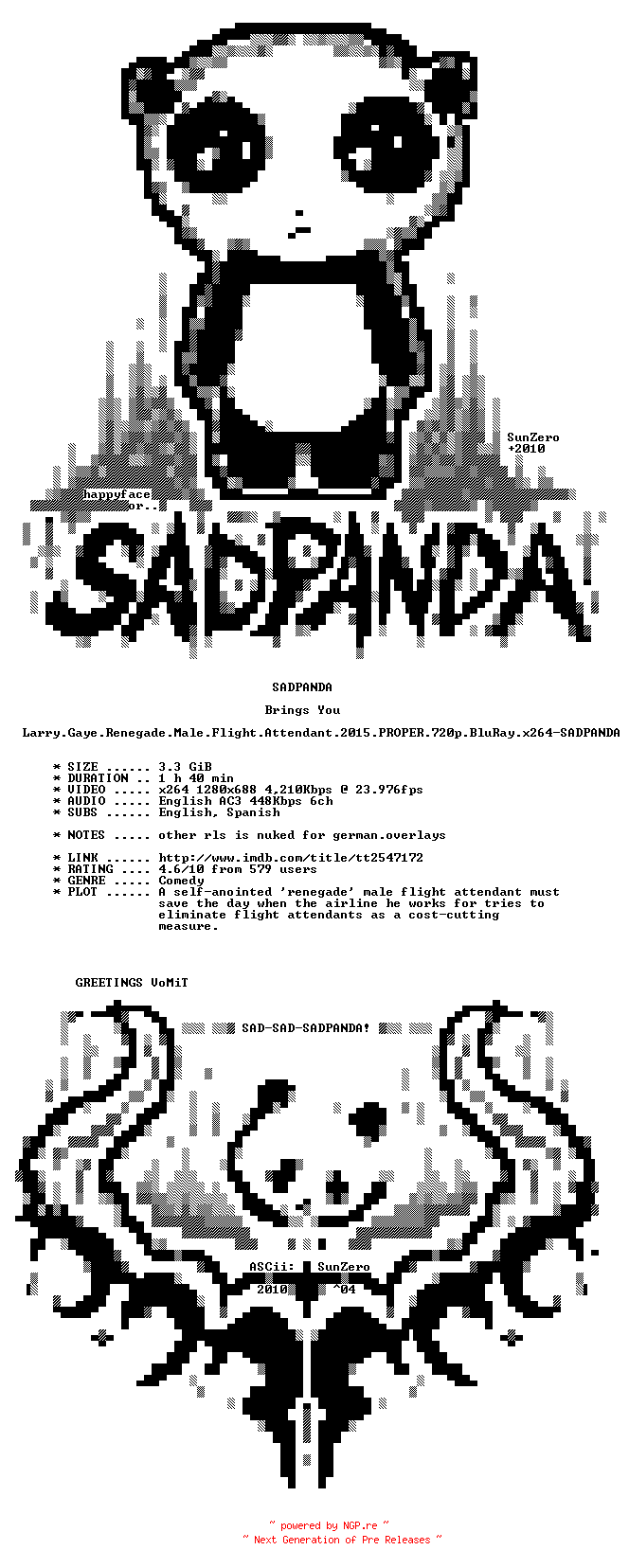 NFO for the release Larry.Gaye.Renegade.Male.Flight.Attendant.2015.PROPER.720p.BluRay.x264-SADPANDA by SADPANDA