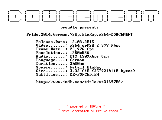NFO for the release Pride.2014.German.720p.BluRay.x264-DOUCEMENT by DOUCEMENT