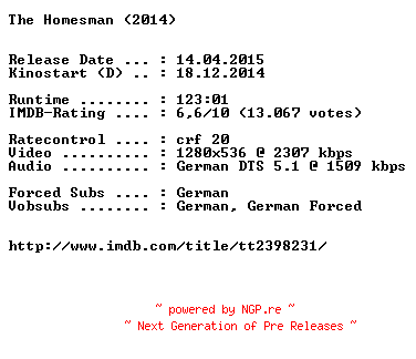 NFO for the release The.Homesman.German.720p.BluRay.x264-EXQUiSiTE by EXQUiSiTE