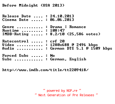 NFO for the release Before.Midnight.German.720p.BluRay.x264-EXQUiSiTE by EXQUiSiTE