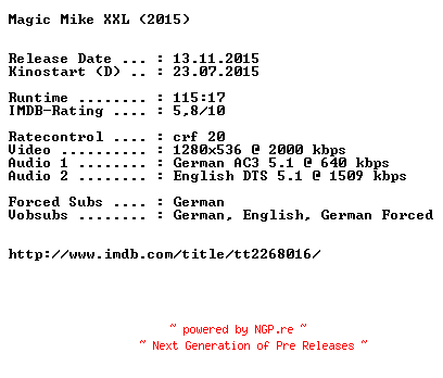 NFO for the release Magic.Mike.XXL.2015.German.DL.720p.BluRay.x264-EXQUiSiTE by EXQUiSiTE