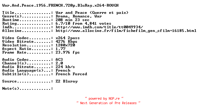 NFO for the release War.And.Peace.1956.FRENCH.720p.BluRay.x264-ROUGH by ROUGH