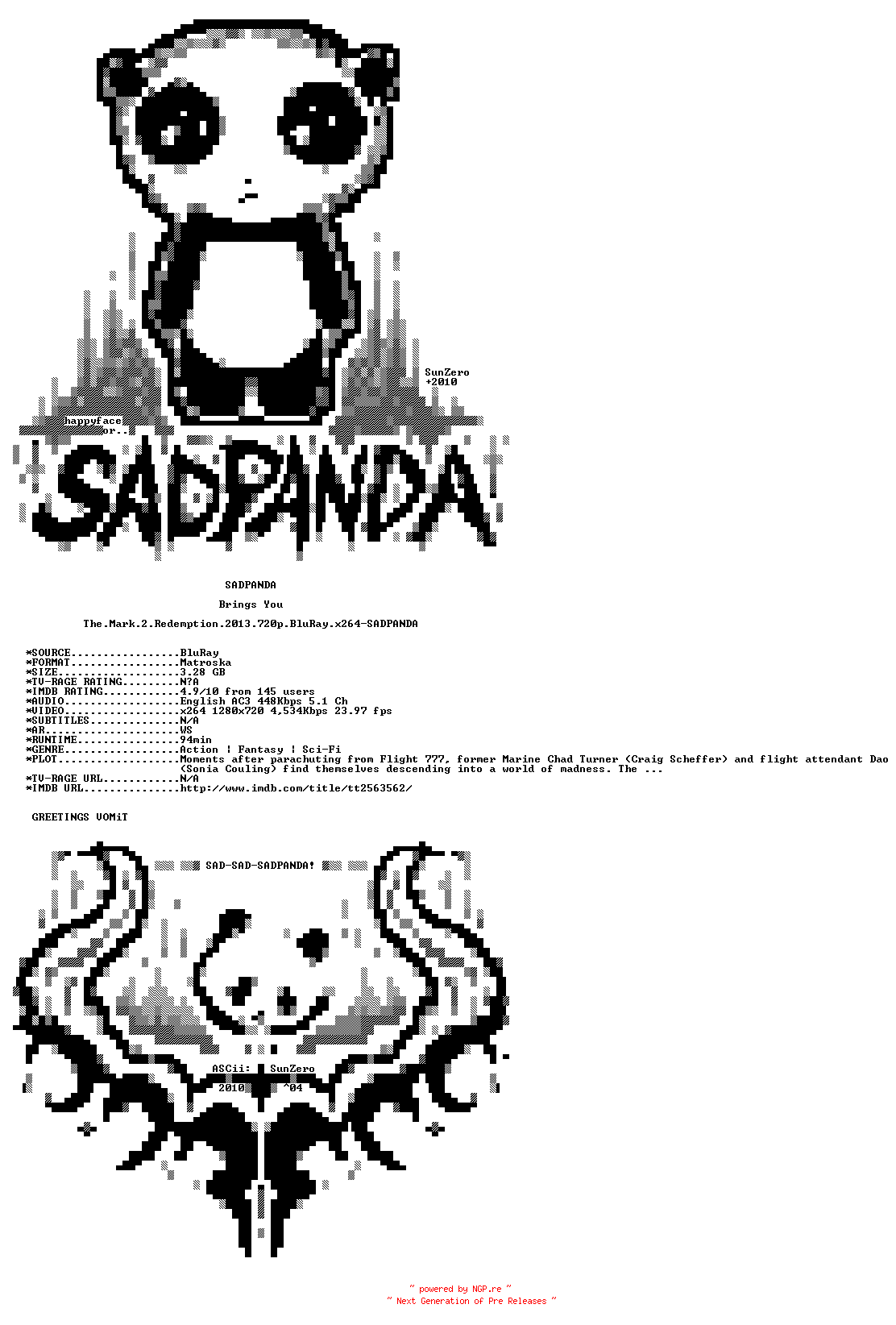 NFO for the release The.Mark.2.Redemption.2013.720p.BluRay.x264-SADPANDA by SADPANDA