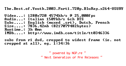 NFO for the release The.Best.of.Youth.2003.Part1.720p.BluRay.x264-USURY by USURY