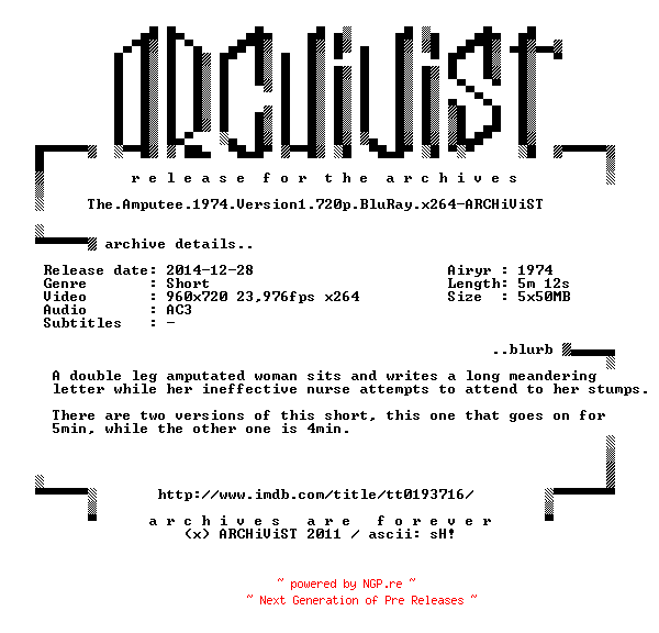 NFO for the release The.Amputee.1974.Version1.720p.BluRay.x264-ARCHiViST by ARCHiViST