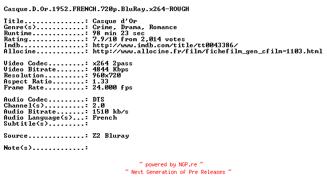 NFO for the release Casque.D.Or.1952.FRENCH.720p.BluRay.x264-ROUGH by ROUGH