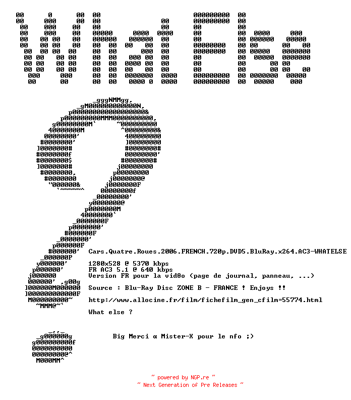 NFO for the release Cars.Quatre.Roues.2006.FRENCH.720p.DVD5.BluRay.x264.AC3-WHATELSE by WHATELSE