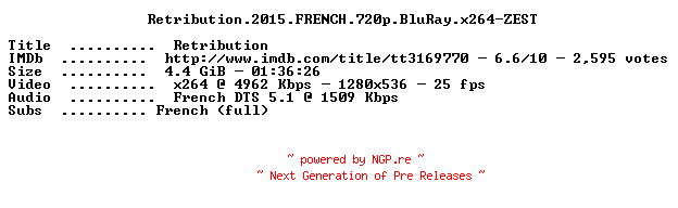 NFO for the release Retribution.2015.FRENCH.720p.BluRay.x264-ZEST by ZEST