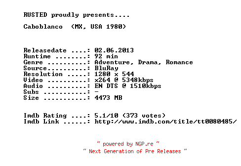 NFO for the release Caboblanco.1980.720p.BluRay.x264-RUSTED by RUSTED