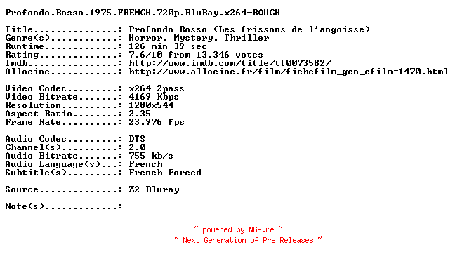 NFO for the release Profondo.Rosso.1975.FRENCH.720p.BluRay.x264-ROUGH by ROUGH