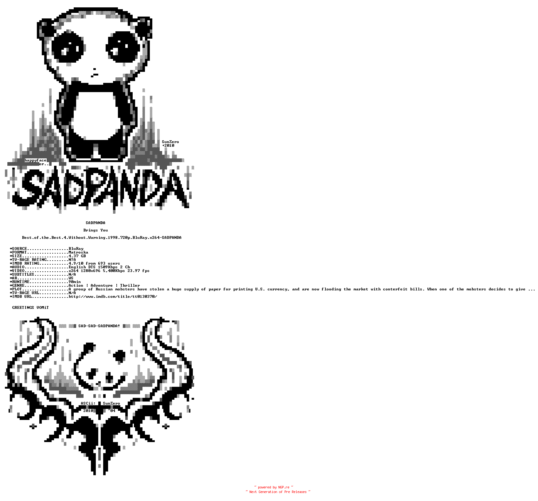 NFO for the release Best.of.the.Best.4.Without.Warning.1998.720p.BluRay.x264-SADPANDA by SADPANDA