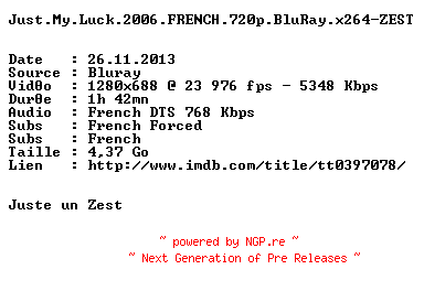 NFO for the release Just.My.Luck.2006.FRENCH.720p.BluRay.x264-ZEST by ZEST