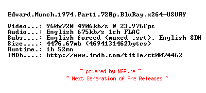 NFO for the release Edvard.Munch.1974.Part1.720p.BluRay.x264-USURY by USURY