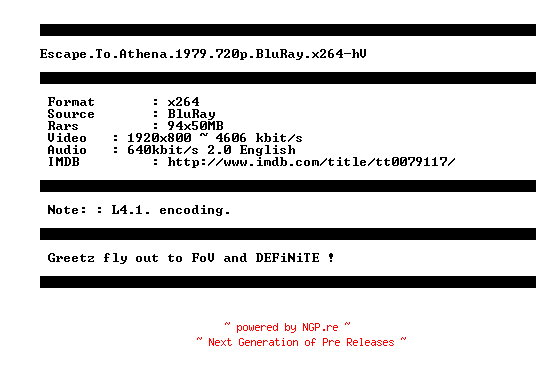 NFO for the release Escape.To.Athena.1979.720p.BluRay.x264-hV by hV