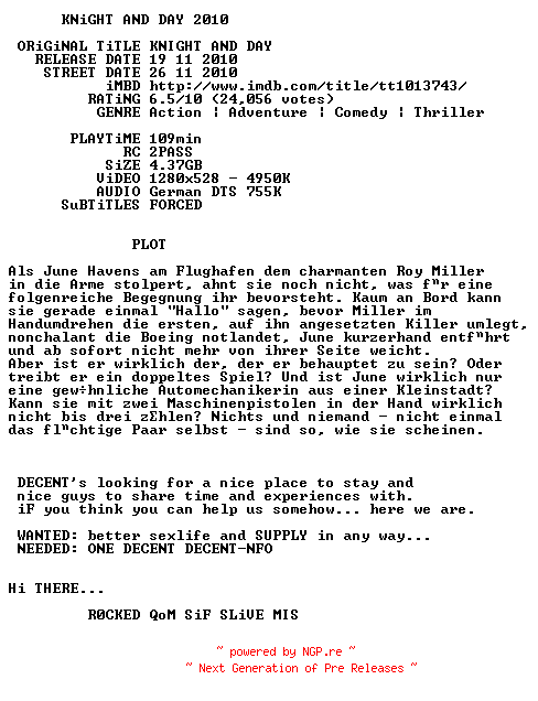 NFO for the release Knight.and.Day.German.720p.BluRay.x264-DECENT by DECENT