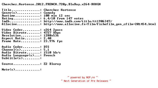 NFO for the release Cherchez.Hortense.2012.FRENCH.720p.BluRay.x264-ROUGH by ROUGH
