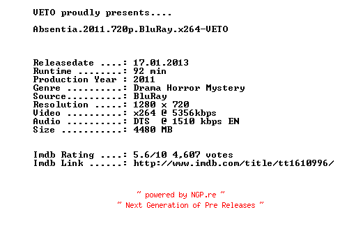 NFO for the release Absentia.2011.720p.BluRay.x264-VETO by VETO