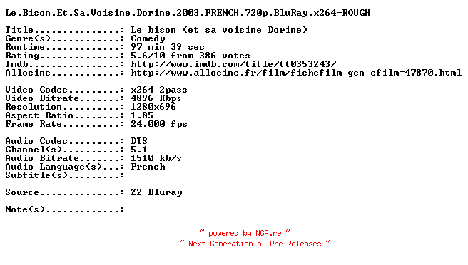 NFO for the release Le.Bison.Et.Sa.Voisine.Dorine.2003.FRENCH.720p.BluRay.x264-ROUGH by ROUGH