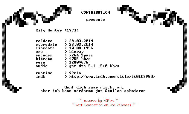 NFO for the release City.Hunter.1993.German.720p.BluRay.x264-CONTRiBUTiON by CONTRiBUTiON