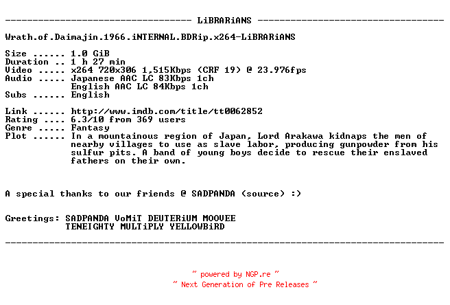 NFO for the release Wrath.of.Daimajin.1966.iNTERNAL.BDRip.x264-LiBRARiANS by LiBRARiANS
