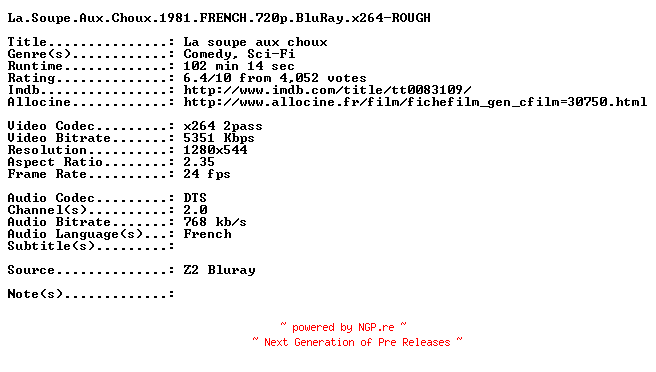 NFO for the release La.Soupe.Aux.Choux.1981.FRENCH.720p.BluRay.x264-ROUGH by ROUGH
