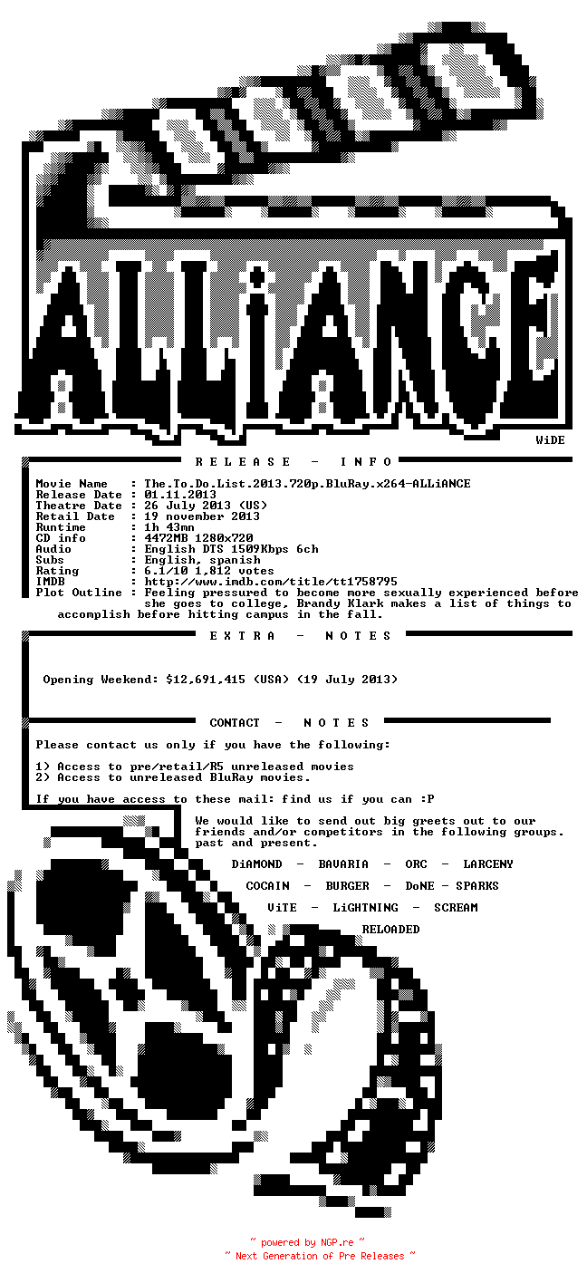 NFO for the release The.To.Do.List.2013.720p.BluRay.x264-ALLiANCE by ALLiANCE
