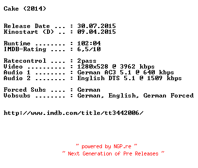NFO for the release Cake.2014.German.DL.720p.BluRay.x264-EXQUiSiTE by EXQUiSiTE