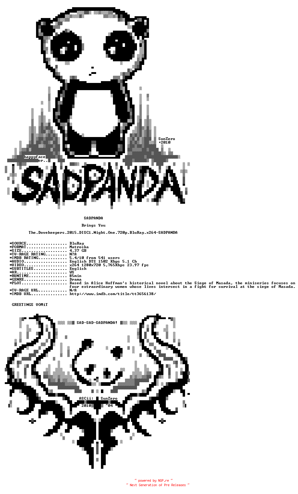 NFO for the release The.Dovekeepers.2015.DISC1.Night.One.720p.BluRay.x264-SADPANDA by SADPANDA