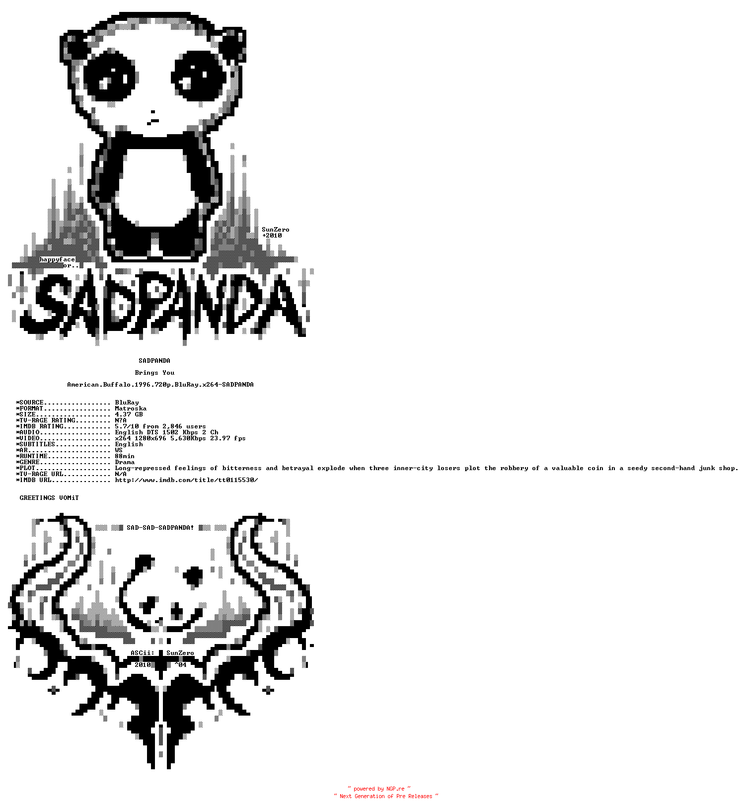NFO for the release American.Buffalo.1996.720p.BluRay.x264-SADPANDA by SADPANDA