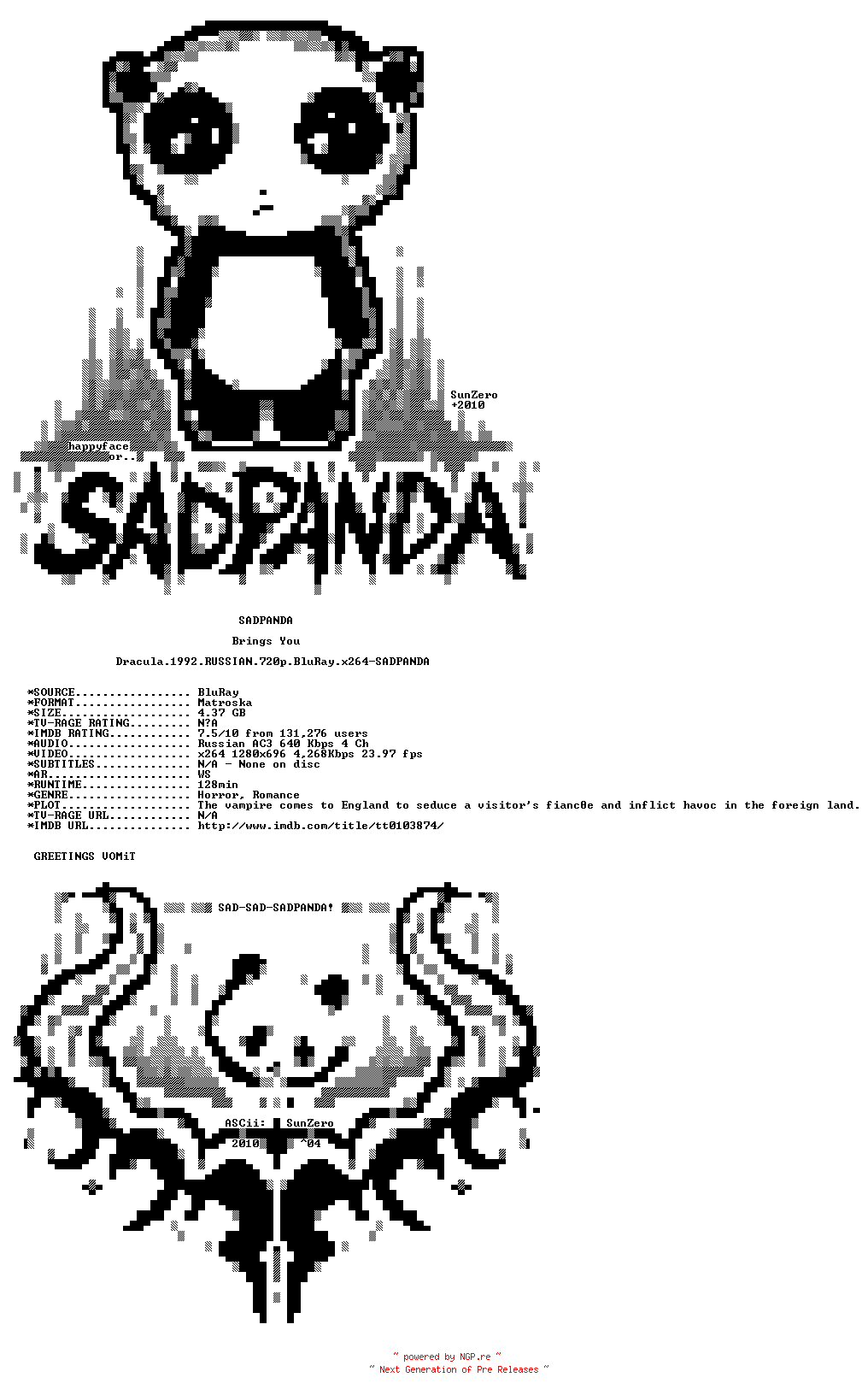 NFO for the release Dracula.1992.RUSSIAN.720p.BluRay.x264-SADPANDA by SADPANDA