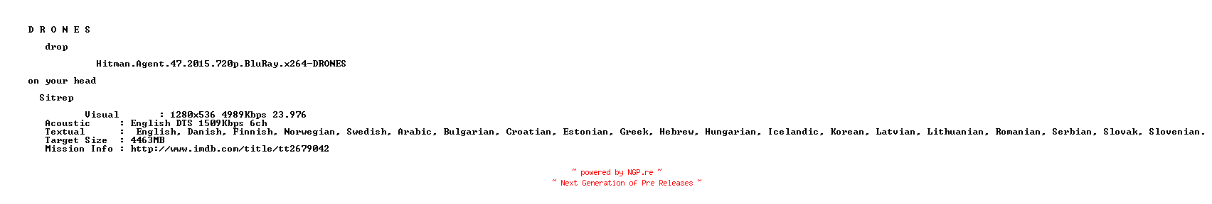 NFO for the release Hitman.Agent.47.2015.720p.BluRay.x264-DRONES by DRONES