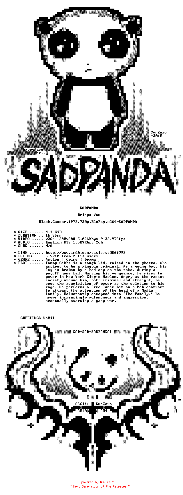 NFO for the release Black.Caesar.1973.720p.BluRay.x264-SADPANDA by SADPANDA