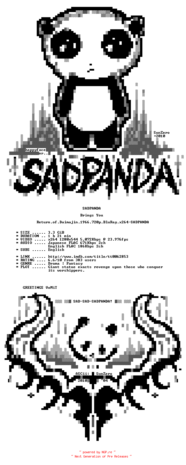 NFO for the release Return.of.Daimajin.1966.720p.BluRay.x264-SADPANDA by SADPANDA