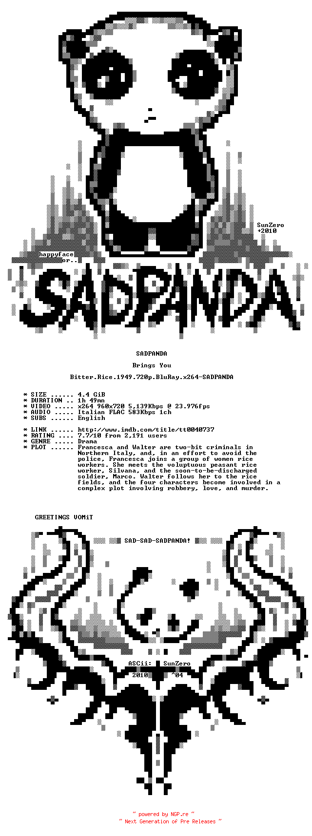 NFO for the release Bitter.Rice.1949.720p.BluRay.x264-SADPANDA by SADPANDA