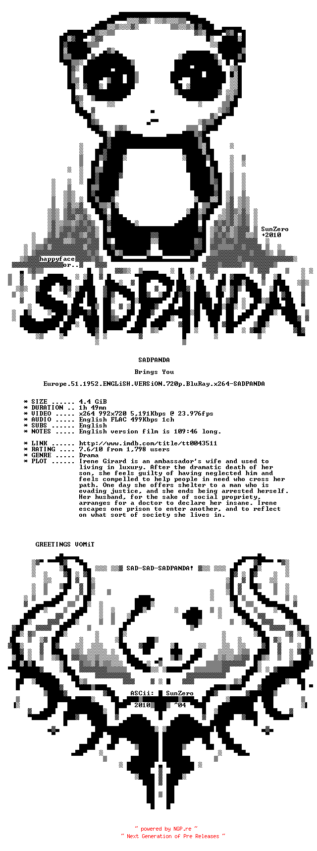 NFO for the release Europe.51.1952.ENGLiSH.VERSiON.720p.BluRay.x264-SADPANDA by SADPANDA